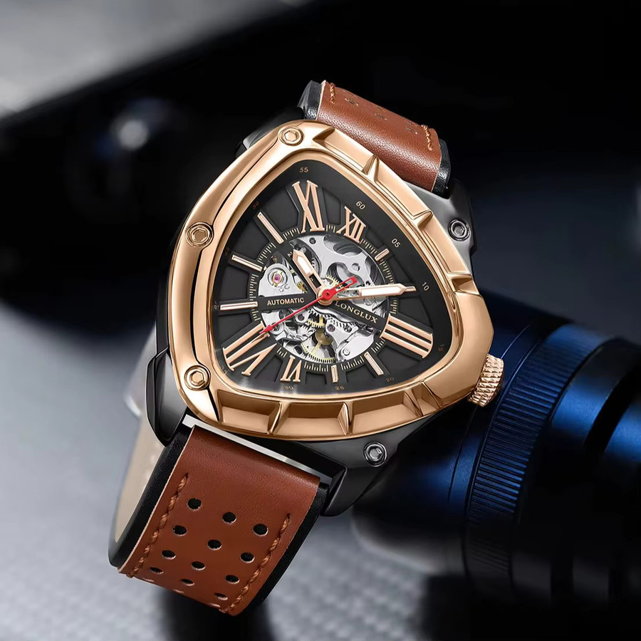 LONGLUX Automatikuhr, Edelstahl, Roségold, Leder, Schwarz, Herren - Bild 4