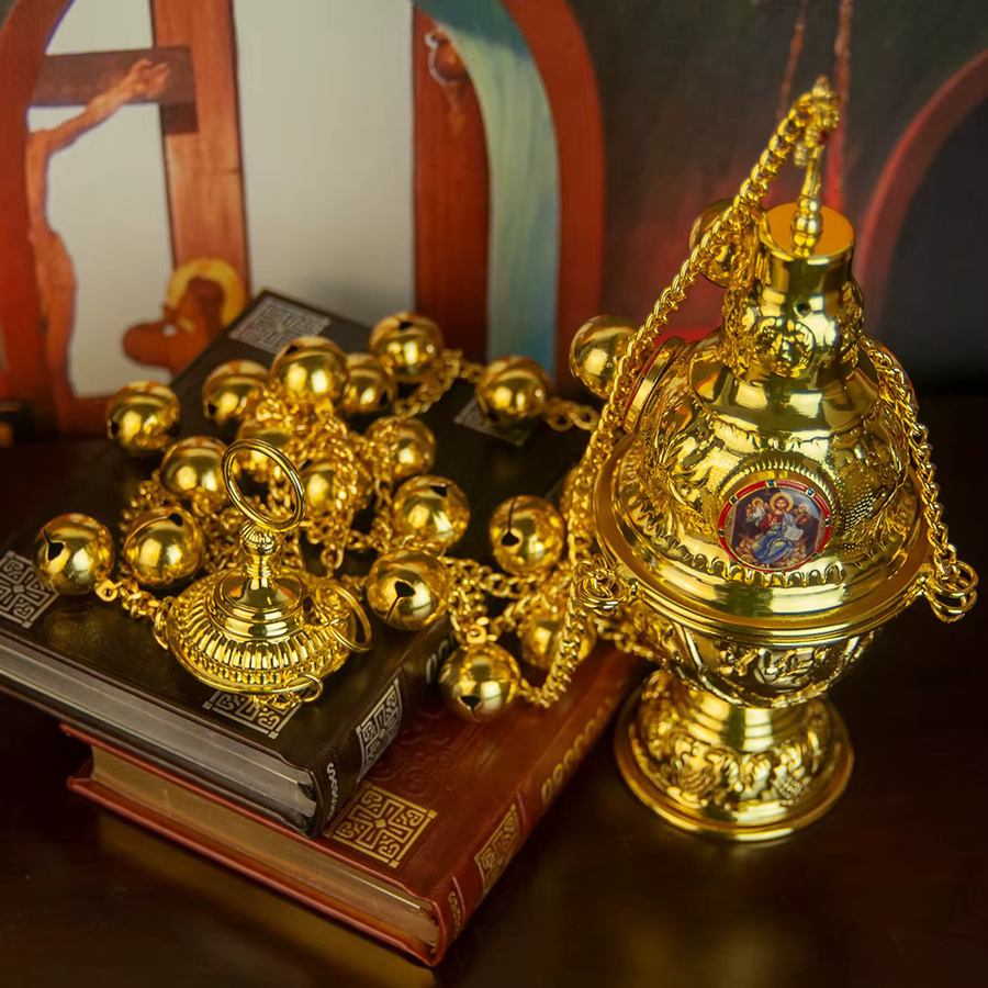 HTISOK Orthodoxes Räuchergefäß in Gold mit 12 großen Glocken aus Alloy im klassischen griechischen Stil - Bild 3