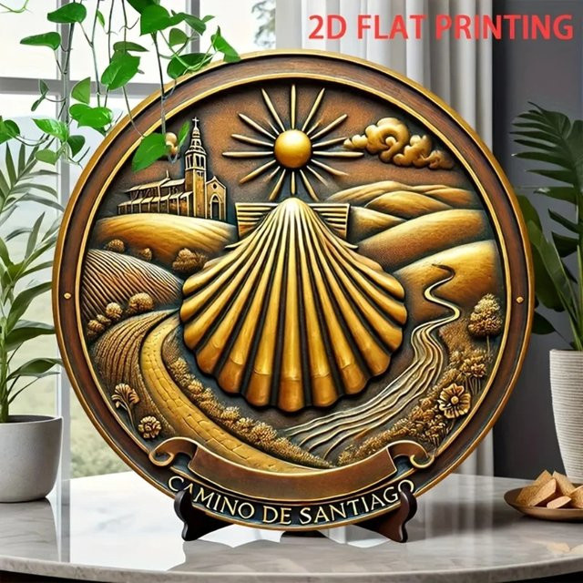 Skandinavisches minimalistisches Blechschild CIFBUY Path to Santiago de Compostela Pilgerfahrt Wanddekoration in Gold, rund - Bild 1