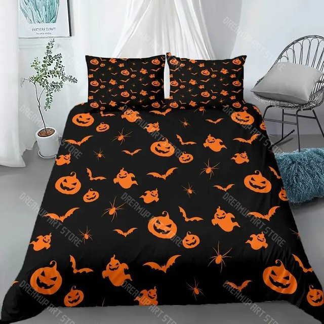 Lodestar Halloween Bettwäscheset mit Bettbezug und Kissenbezug, Karomuster mit Geist und Kürbis, Schwarz, B/H: 200 x 200 cm - Bild 1