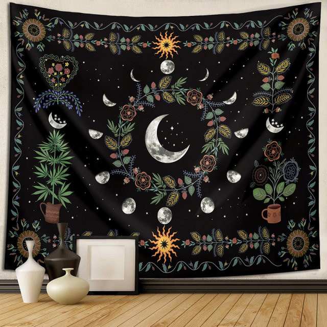 VIKAMA Wandteppich mit Mondphasen-Motiv in Schwarz, Retro Wanddekoration mit botanischen und floralen Motiven - Bild 1