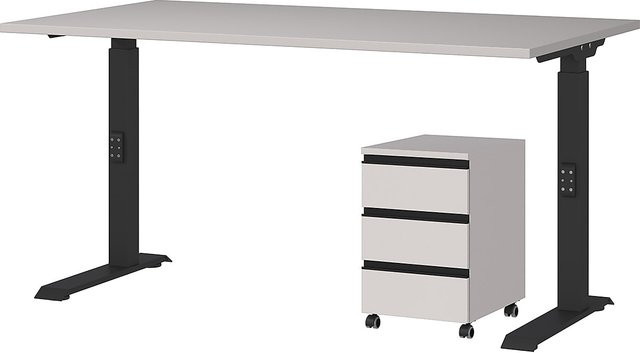 KADIMA DESIGN Büromöbel Set 2-teilig mit höhenverstellbarem Schreibtisch und Rollcontainer in Greige/Schwarz, Schreibtisch B: 140 cm, T: 80 cm, Höhe: 68-91 cm - Bild 1