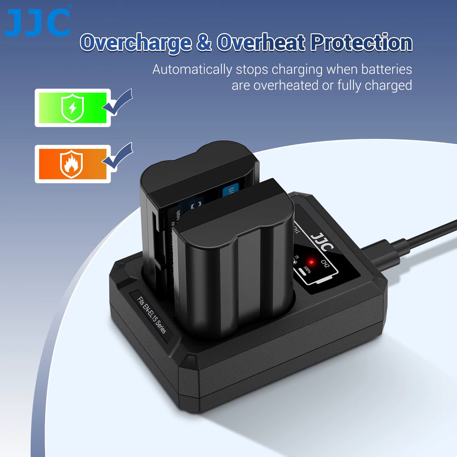 JJC Dual-Akkuladegerät mit USB-C für Nikon EN-EL15 EN-EL15a EN-EL15b EN-EL15c, Schwarz - Bild 5