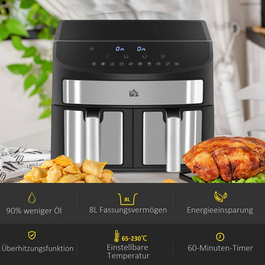 HOMCOM Heißluftfritteuse Dual Zone in Schwarz mit 8 l Fassungsvermögen, B/H/T: 36,3 x 38,8 x 31,1 cm - Bild 4