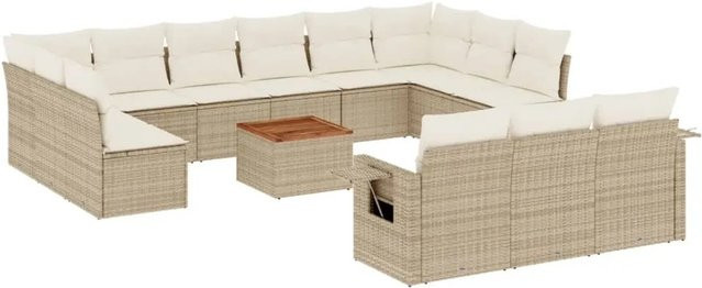 vidaXL 14-tlg. Garten-Sofagarnitur aus Poly-Rattan und Akazienholz in Beige-creme mit Kissen - Bild 1