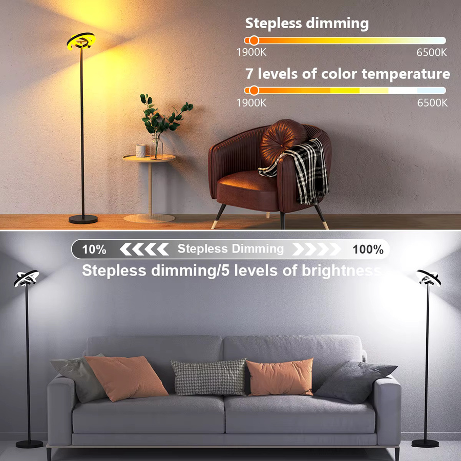 Moderne Split-Rund-LED-Stehleuchte in Schwarz mit Fernbedienung, stufenlos dimmbar und 7 Farbtemperaturen, Mehrwinkel-Doppelkopf-Stehlampe aus Metall für dein Wohnzimmer, Höhe: 192,0 cm, Breite: 25,4 cm, Tiefe: 2,0 cm - Bild 3