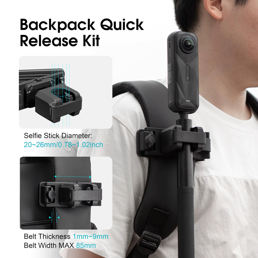 Selfie-Stick-Halterung als Rucksackgurt-Clip für Insta360 X4 X5 Air Go Ultra und DJI Osmo Action in Schwarz - Bild 2