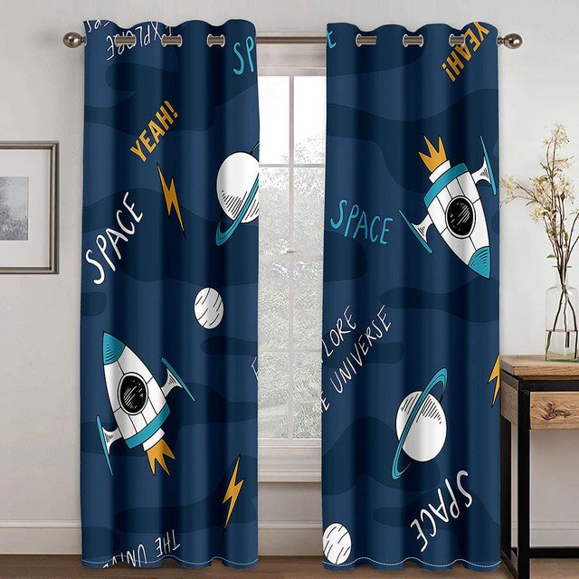 A Family Of Home Textiles 2er-Set dünne Fenstervorhänge mit 3D-Cartoon-Weltraum-Motiv in Blau, Breite: 135 cm, Höhe: 245 cm - Bild 1