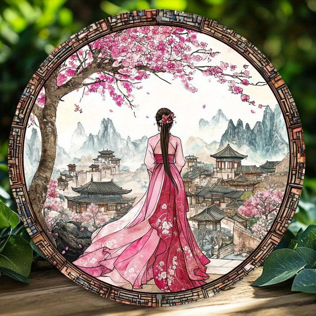 Rundes Aluminiumschild Potdemiel mit Hanfu-Motiv in Vintage-Wandkunst-Optik, Durchmesser: 20,3 cm, Mehrfarbig - Bild 1