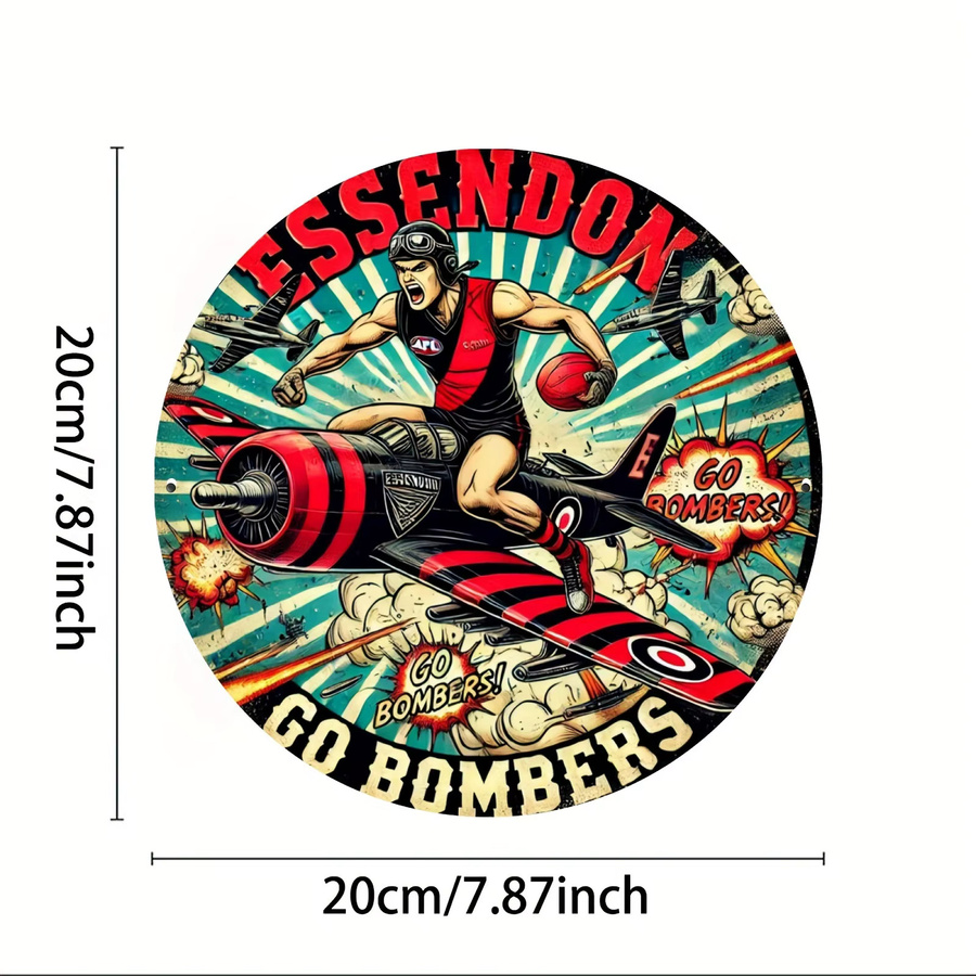 Essendon Bombers Rundes Aluminium-Wandschild im Vintage-Stil mit Fußballspieler und Flugzeug, Mehrfarbig - Bild 2