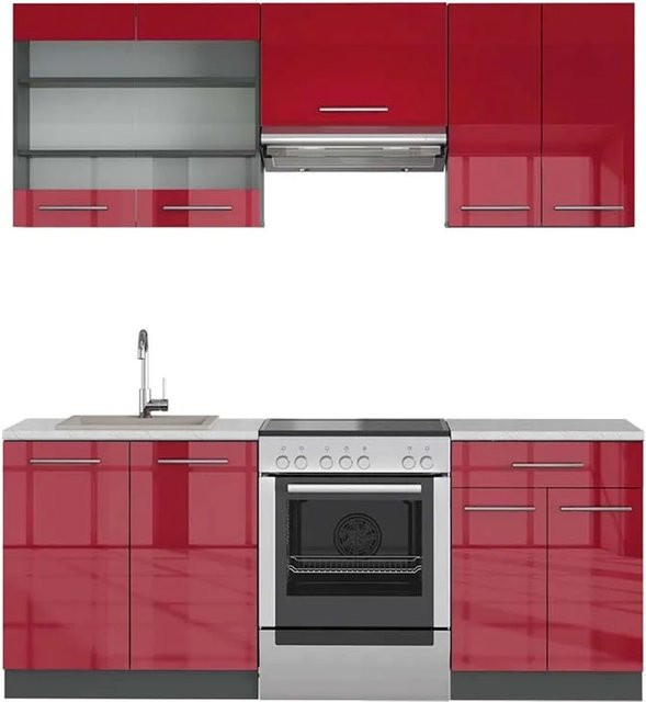 Vicco Fame-Line Küchenzeile Bordeaux Hochglanz und Anthrazit in moderner Designoptik mit Marmor-Dekor, Breite: 200 cm - Bild 1