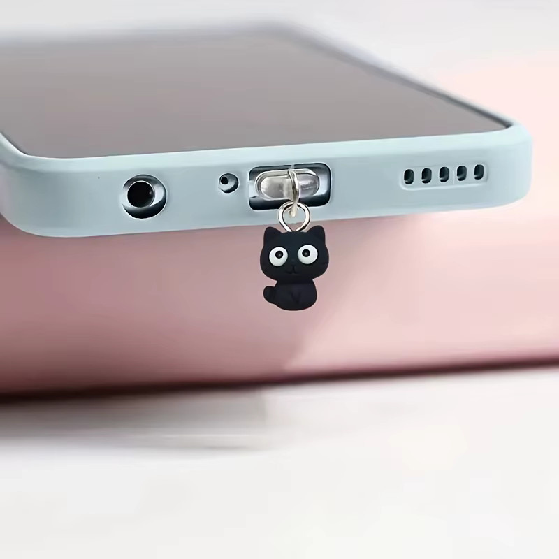 Handgefertigter Handy-Staubschutzstecker in Katzenform in Schwarz zum Schutz des Ladeanschlusses - Bild 1
