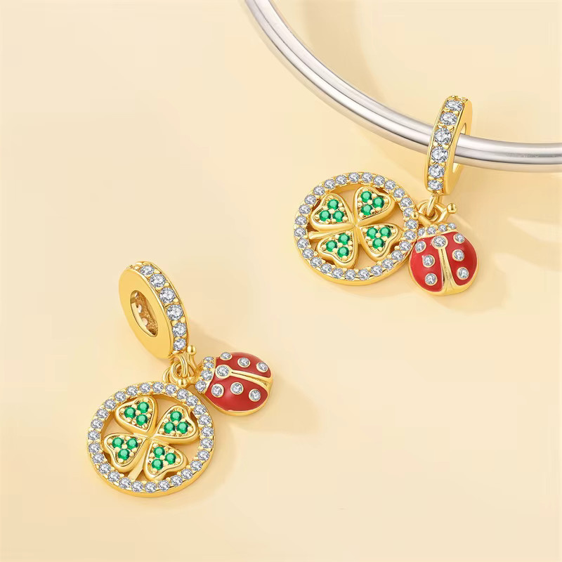 Anhänger Marienkäfer, Kleeblatt, 925 Silber, Gold, Zirkonia, Damen - Bild 1