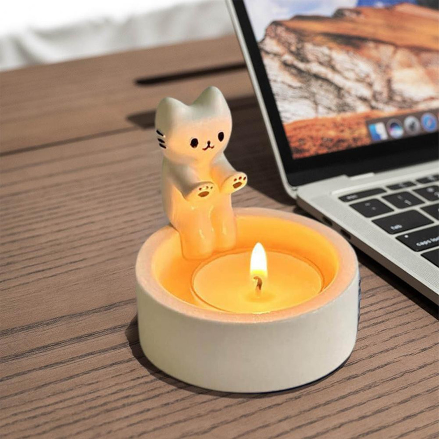 Niedlicher Katzen-Kerzenhalter aus Kunstharz in Katzenform für Stabkerzen von Household supplies MH - Bild 3