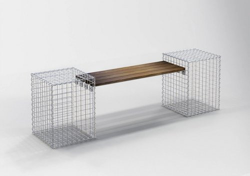 Gabiona 2-Sitzer Gabionenbank aus Stahl und Cumaru-Holz in Silbergrau, B/T/H: 45 x 45 x 60 cm - Bild 1