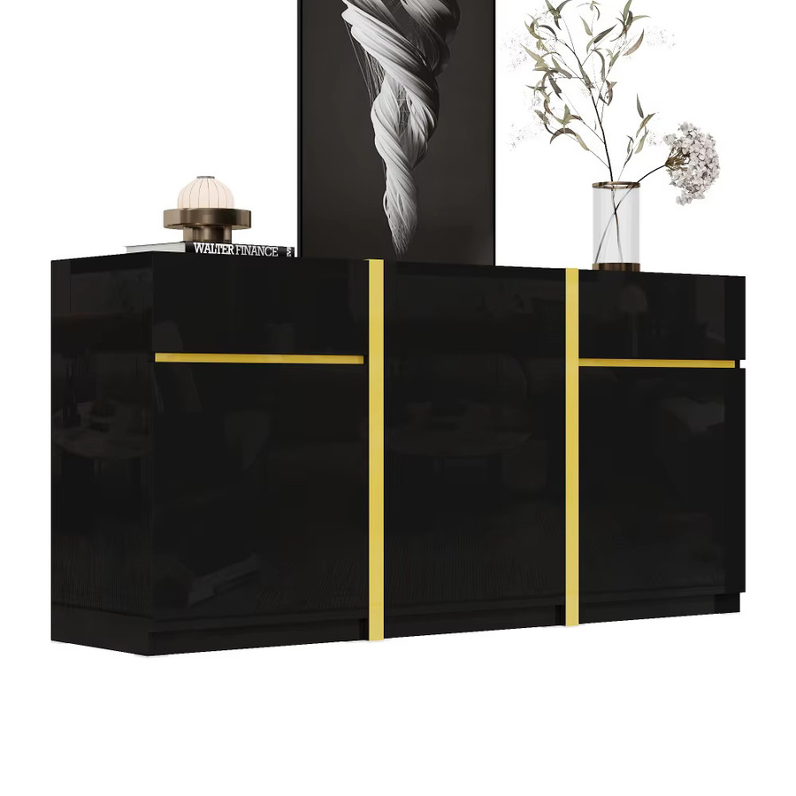 PINGGO Hochglanz-Sideboard in Schwarz mit 3 Türen und 2 Schubladen für Wohnzimmer und Esszimmer - Bild 2