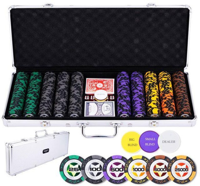 Matgames Pokerbox, Silbernes Metallgehäuse, 500 14-g-Chips, 2 Kartenspiele, 5 Würfel, 3 Knöpfe silber - Bild 1