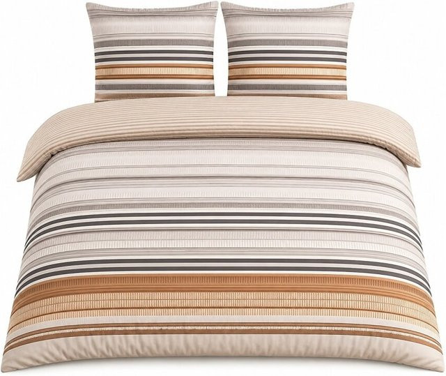 Wendebettwäsche COFI 1453 mit Streifenmuster in Braun, Orange und Beige mit verdecktem Reißverschluss - Bild 1