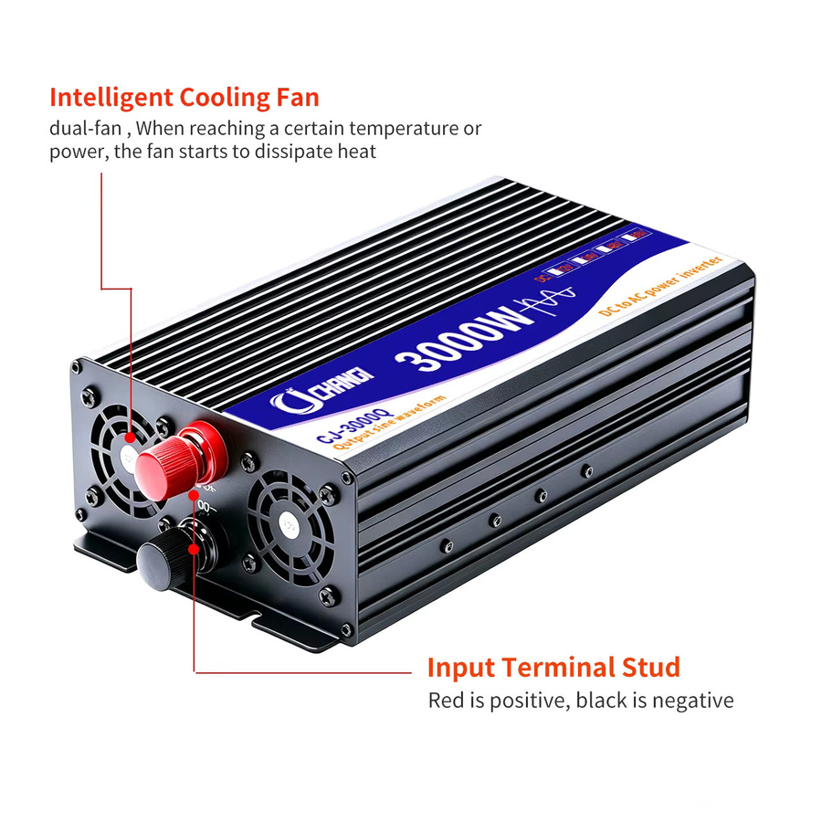 CJ CHANGI Reiner Sinus-Wechselrichter 3000W bis 5000W DC 12V/24V zu AC 220V 50Hz mit Universal- und Europäischer Steckdose in Schwarz - Bild 3