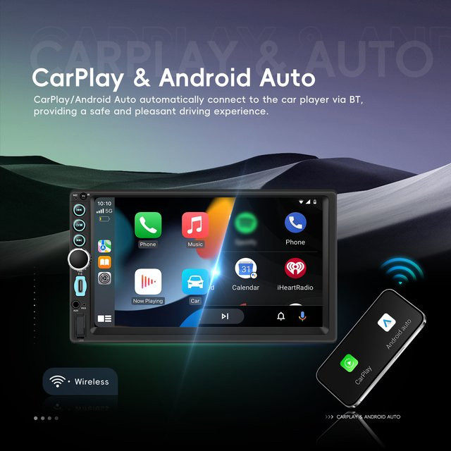 Podofo Android 15 Autoradio 2 Din mit 7 Zoll Touchscreen, 4+64GB, WLAN, GPS, Bluetooth, kabelloses CarPlay und Android Auto, Schwarz - Bild 1