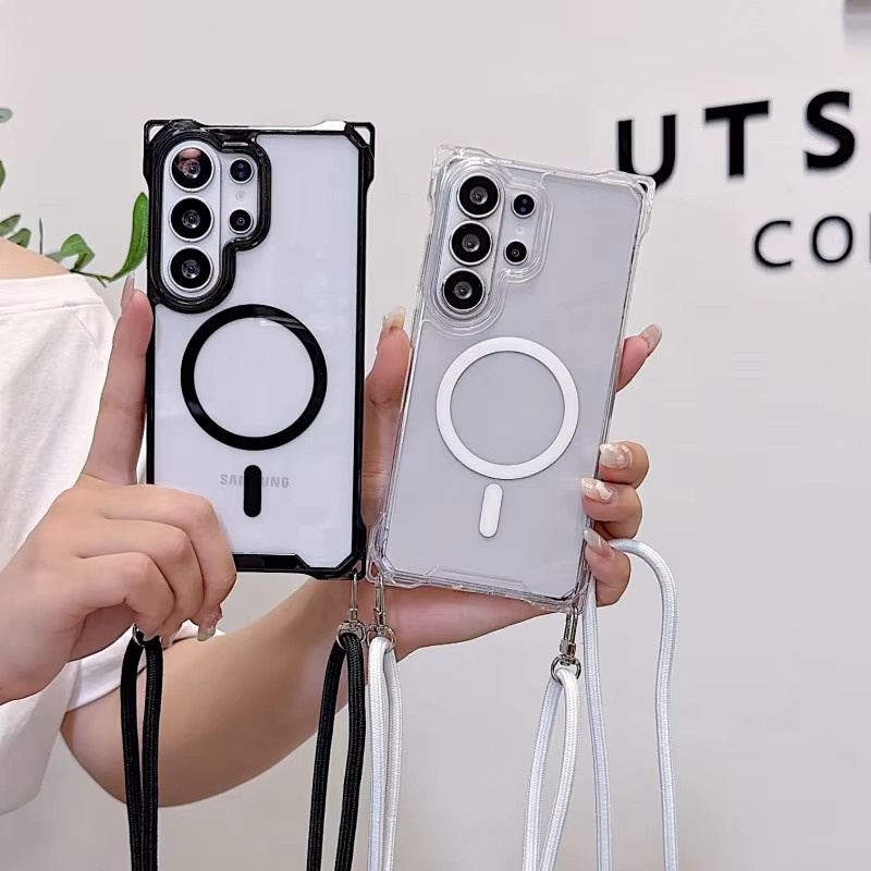 EHUIDE Magnetische Stoßfeste Crossbody-Hülle für Samsung Galaxy S26 Ultra S25 S24 S23 Plus mit Kordel und Vier-Ecken-Schutz, Transparent/Schwarz - Bild 3