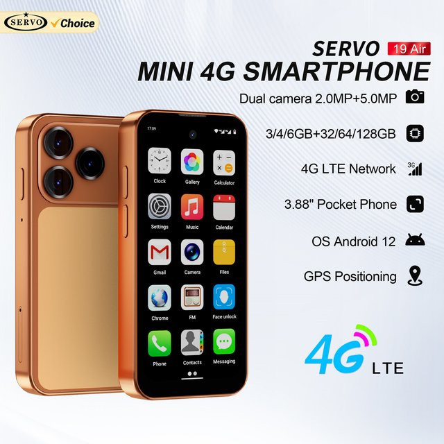 SERVO 19 Air 4G LTE Mini Smartphone mit Android 12.0, 6 GB RAM, 128 GB Speicher, 3,88 Zoll Display, Face Unlock, GPS und Dual SIM in Orange und Gold - Bild 1