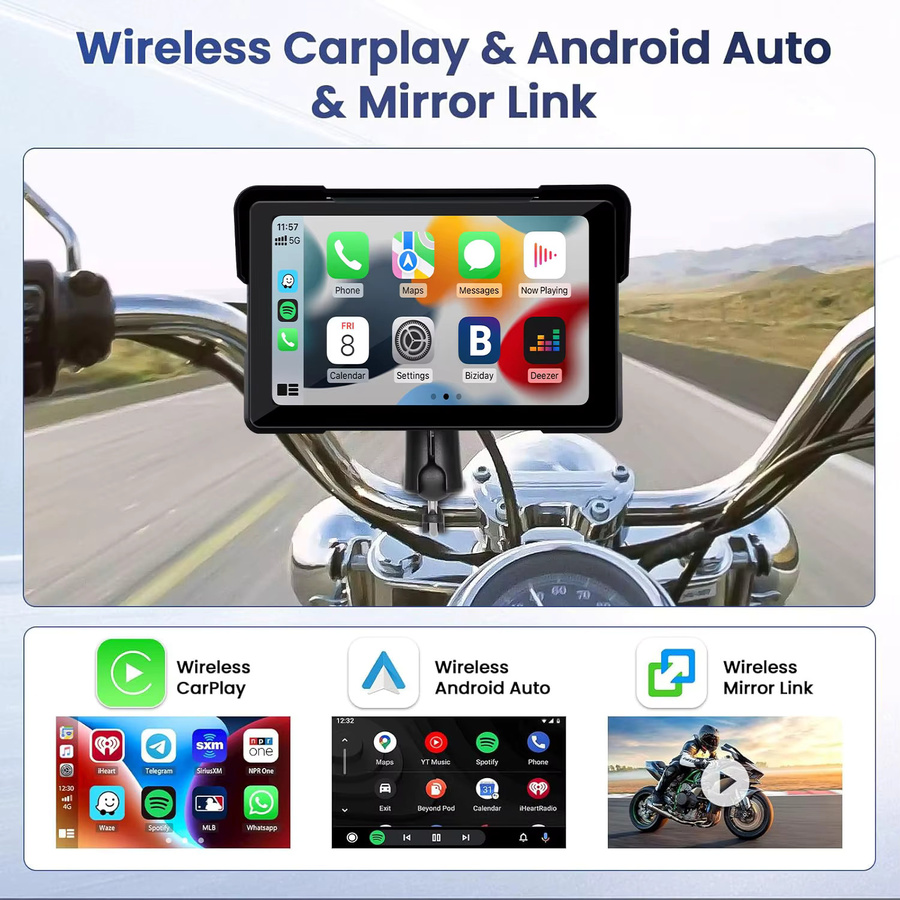 JMCQ Tragbare Motorrad Dash Kamera mit 2K QHD Auflösung, GPS Navigation, Wireless Apple CarPlay und Android Auto, Wasserdicht mit Dual Bluetooth, Farbe: Schwarz - Bild 3
