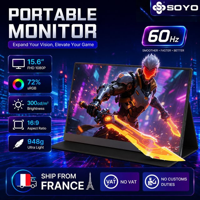 SOYO Tragbarer Monitor SY15FN60 15,6 Zoll Full HD IPS-Display Schwarz mit USB-C und HDMI für Laptop, Smartphone, Xbox und PS5 - Bild 1