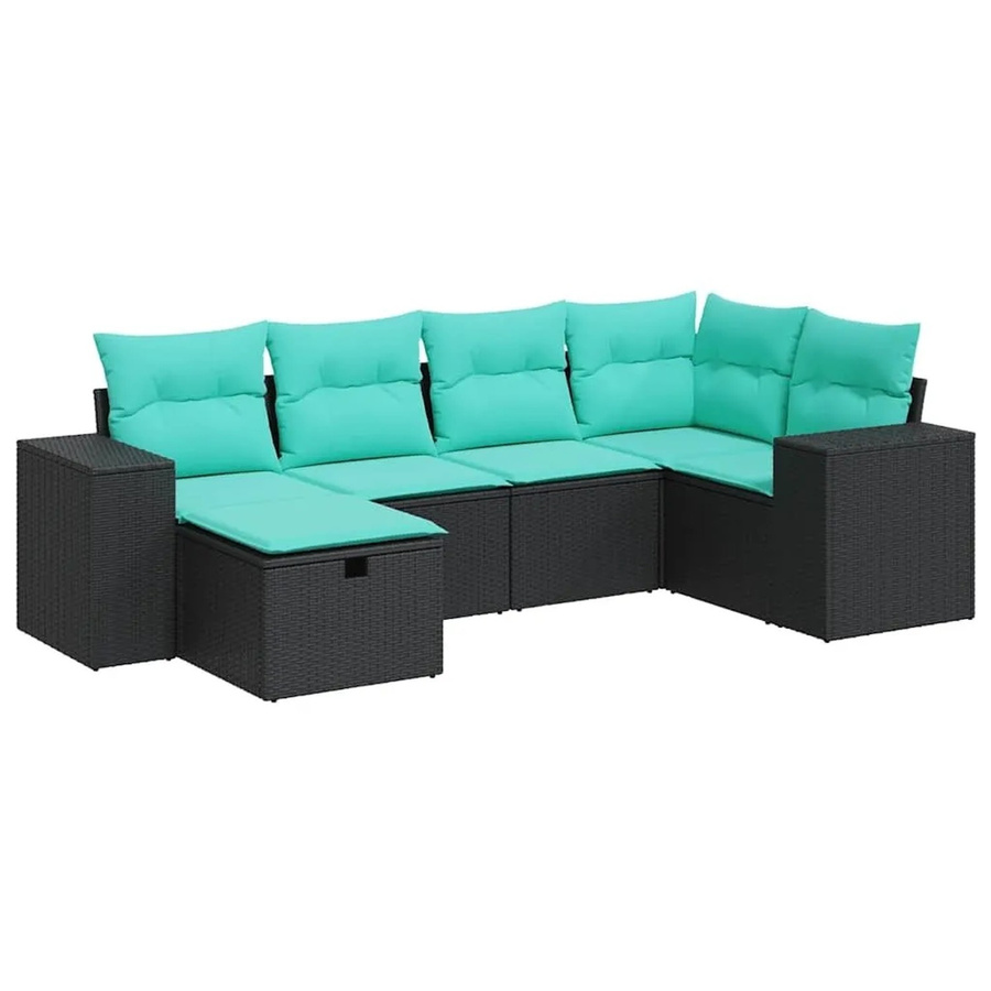 vidaXL 6-teilige Garten-Sofagarnitur in L-Form aus Poly-Rattan mit Kissen in Schwarz und Blau - Bild 2