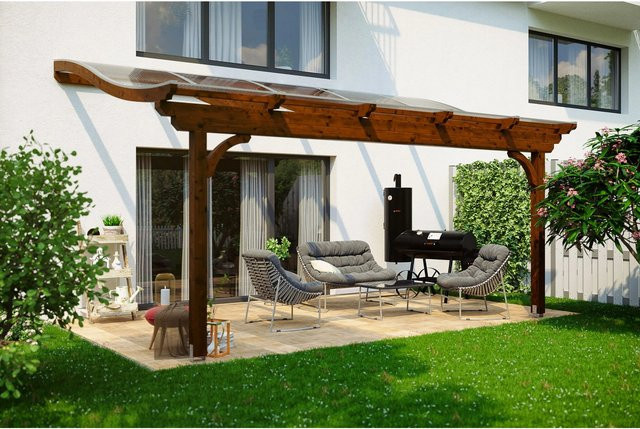 Skan Holz Terrassenüberdachung Verona aus Leimholz in Nussbaum Braun B/T/H: 541 x 339 cm mit Polycarbonat Dach - Bild 1
