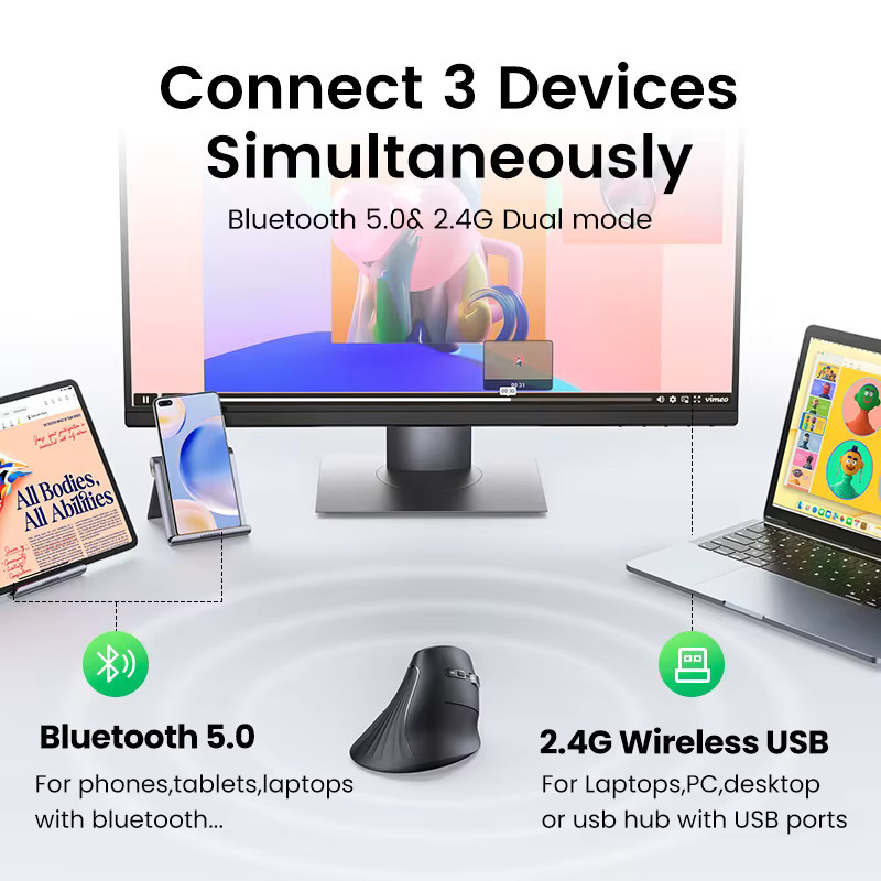 UGREEN Ergonomische Vertikale Maus in Schwarz mit Bluetooth 5.0 und 2,4 G Verbindung, 4000 DPI und 6 Stummschalttasten für MacBook, Tablet, Laptop und PC - Bild 5