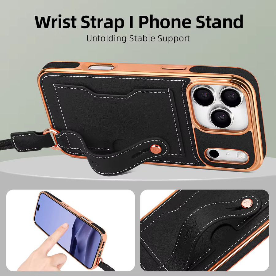 VIETAO Handyhülle aus PU-Leder mit Kartenhalter und Handyband für iPhone 17 16 15 14 13 12 Pro Max inklusive Ständerhalter in Schwarz und Grün - Bild 3