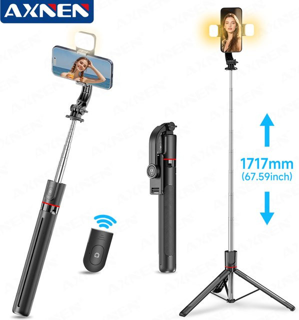AXNEN F15 Ausziehbares Selfie-Stick-Stativ in Schwarz mit Bluetooth-Fernbedienung und 360 Grad Rotation sowie optionalem Rotationsfülllicht, Höhe: 171,7 cm - Bild 1