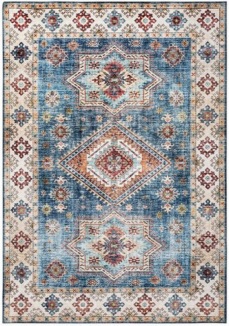 Waschbarer Teppich von IKAMA in Grau und Blau, modern gestreift, B/B: 120 x 80 cm - Bild 1