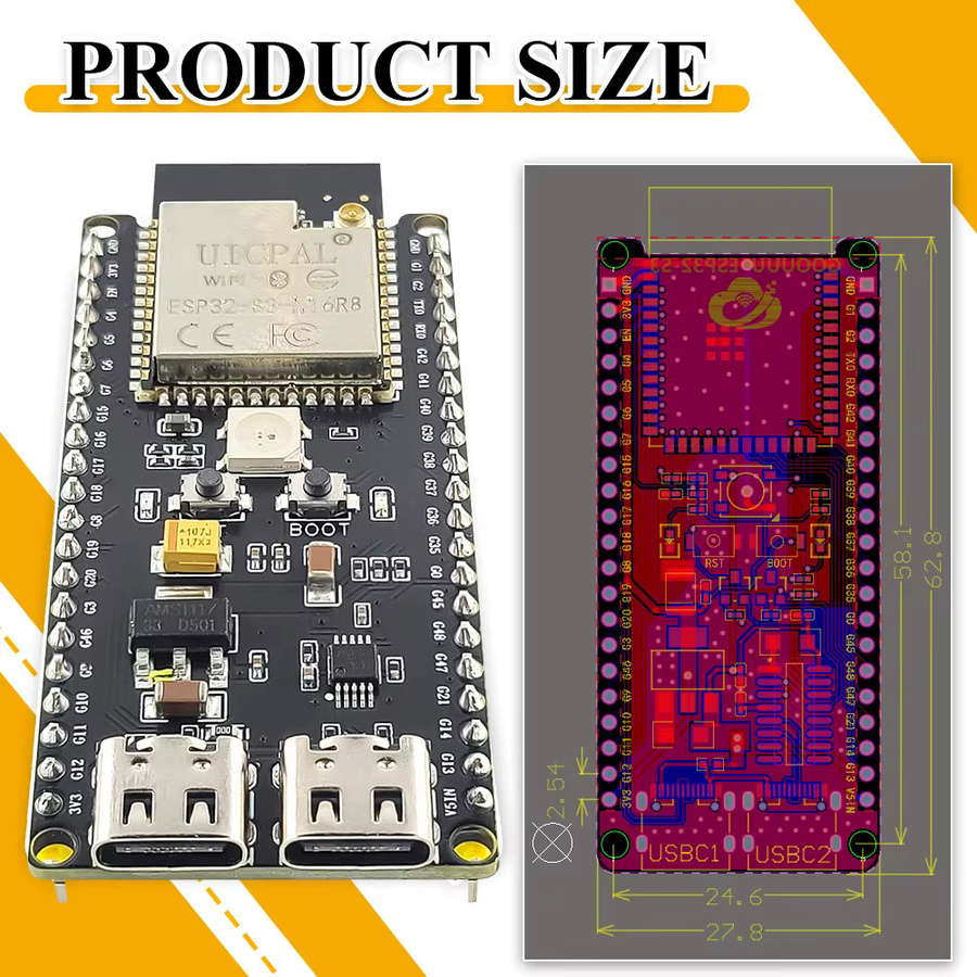 ESP32-S3-DevKitC-1 Entwicklungsboard mit 16 MB Flash, 8 MB PSRAM, WiFi, Bluetooth und USB-C Anschluss in Schwarz - Bild 2