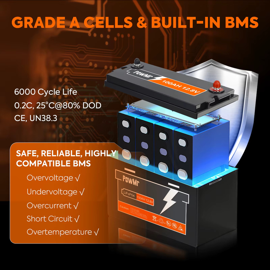POWMr LiFePO4 Batterie 12V 100Ah 1280Wh mit integriertem BMS in Schwarz - Bild 2