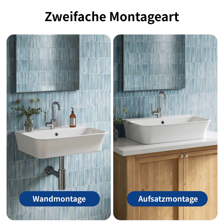 DeerValley Waschbecken aus Keramik in Weiß, rechteckiges Wand- oder Aufsatzwaschbecken mit Überlauf, Breite: 55,5 cm, Tiefe: 41 cm - Bild 2