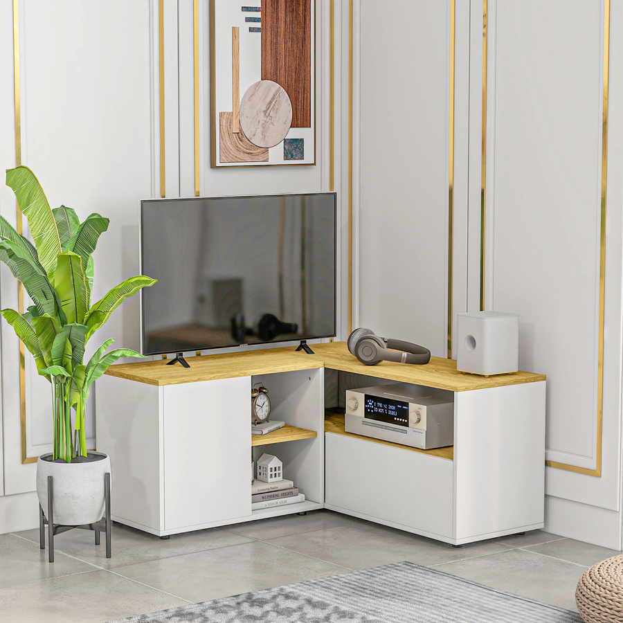 HOMCOM Eck-TV-Möbel Fernsehschrank für bis zu 40 Zoll mit Stauraum in heller Holzoptik und Weiß - Bild 2