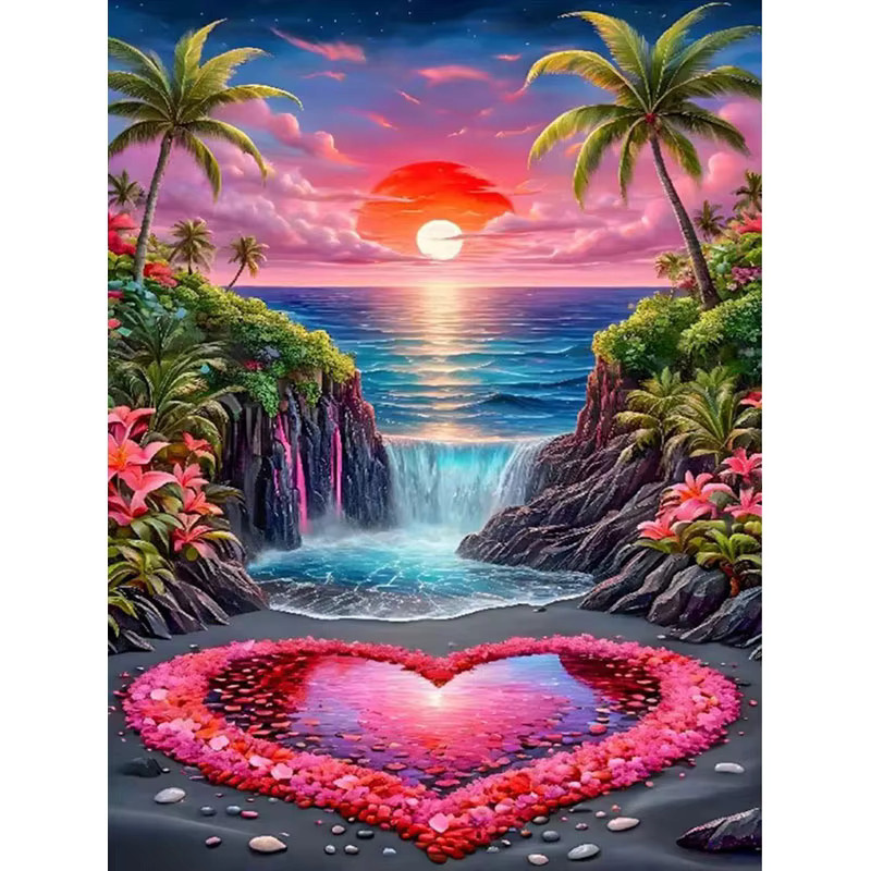 HUACAN Diamant-Stickerei Strandlandschaft mit Herz-Motiv in Multicolour, B/H: 30,0 x 20,0 cm - Bild 3