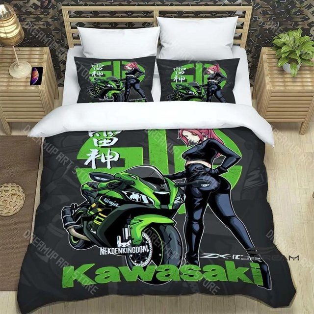Bettwäscheset mit Kawasaki Motorrad Logo im Retro 3D Druck, Mikrofaser Multicolor, B/H: 140 x 200 cm - Bild 1