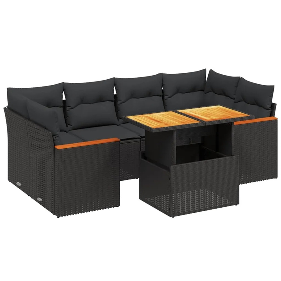 vidaXL 7-tlg. Garten-Sofagarnitur in L-Form aus Poly-Rattan und Akazienholz mit Kissen, Schwarz - Bild 2