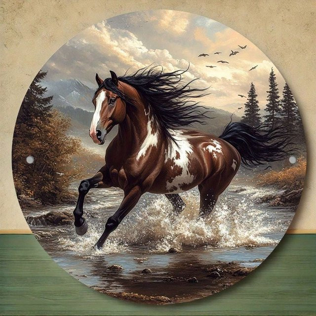 Starlit Valley Vintage Wandschild aus Aluminium Metall mit galoppierendem Pferd und Flusslandschaft, Mehrfarbig, B/H: 20,32 x 20,32 cm - Bild 1
