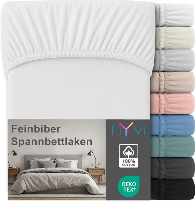 NYVI Feinbiber Spannbettlaken Deluxe aus 100% Baumwolle, Weiß, B/T: 140 x 200 cm, Steghöhe bis 25 cm, bügelfrei und vorgekrumpft - Bild 1