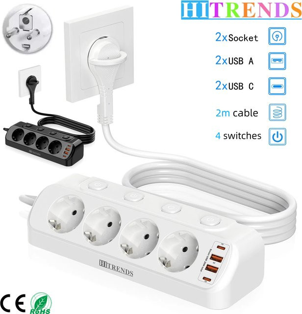 HITRENDS Multifunktions-Steckdosenleiste mit 2 USB-A und 2 USB-C Schnell-Ladeadaptern, 2 m Verlängerungskabel mit unabhängigen Schaltern, Weiß - Bild 1