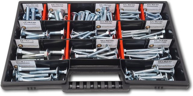 Schraubenbox24 Flachkopfschrauben Sortiment DIN 603 in Silber, 115-teilig, M5-M6-M8, Länge: 30 mm bis 60 mm - Bild 1