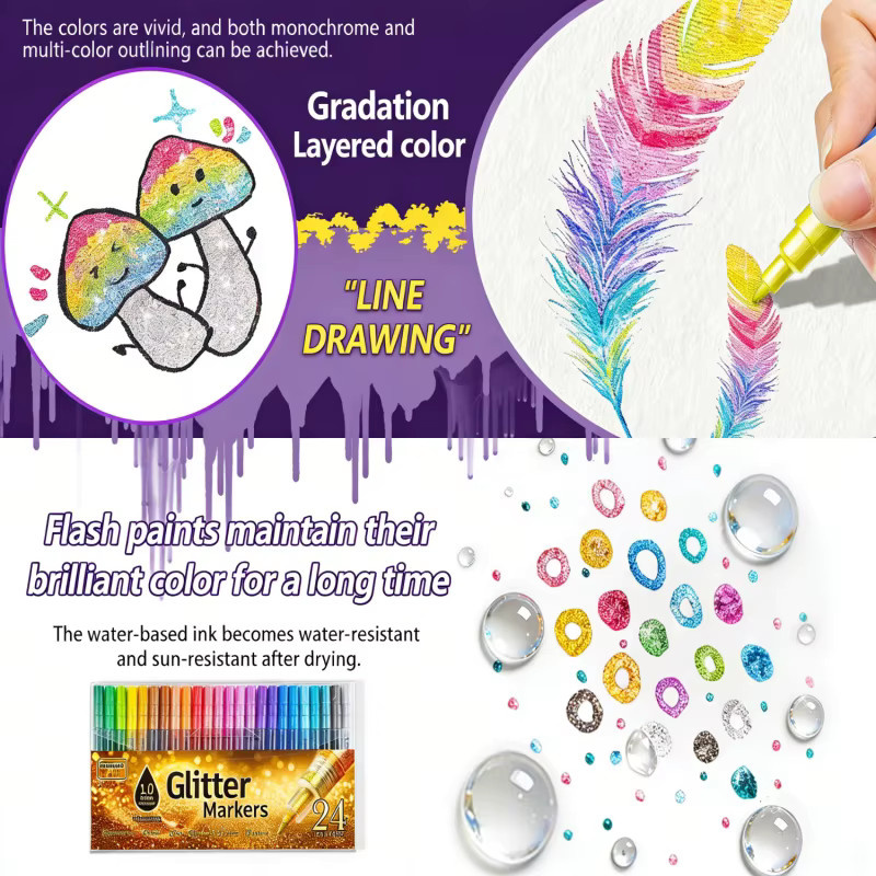 Kolorowys Glitzer-Marker-Set mit 24 Metallic-Schimmer-Acrylmarkern in Multicolour, wasserbasierte Tinte und feine Spitze (1 mm) - Bild 6