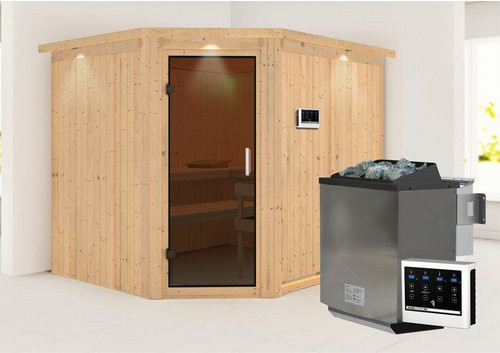 Karibu Haaspsalu Bio-Kombi-Sauna aus Fichtenholz für 4 Personen inkl. 9 kW Saunaofen mit externer Steuerung, beige, B/T/H: 245 x 210 x 202 cm - Bild 1