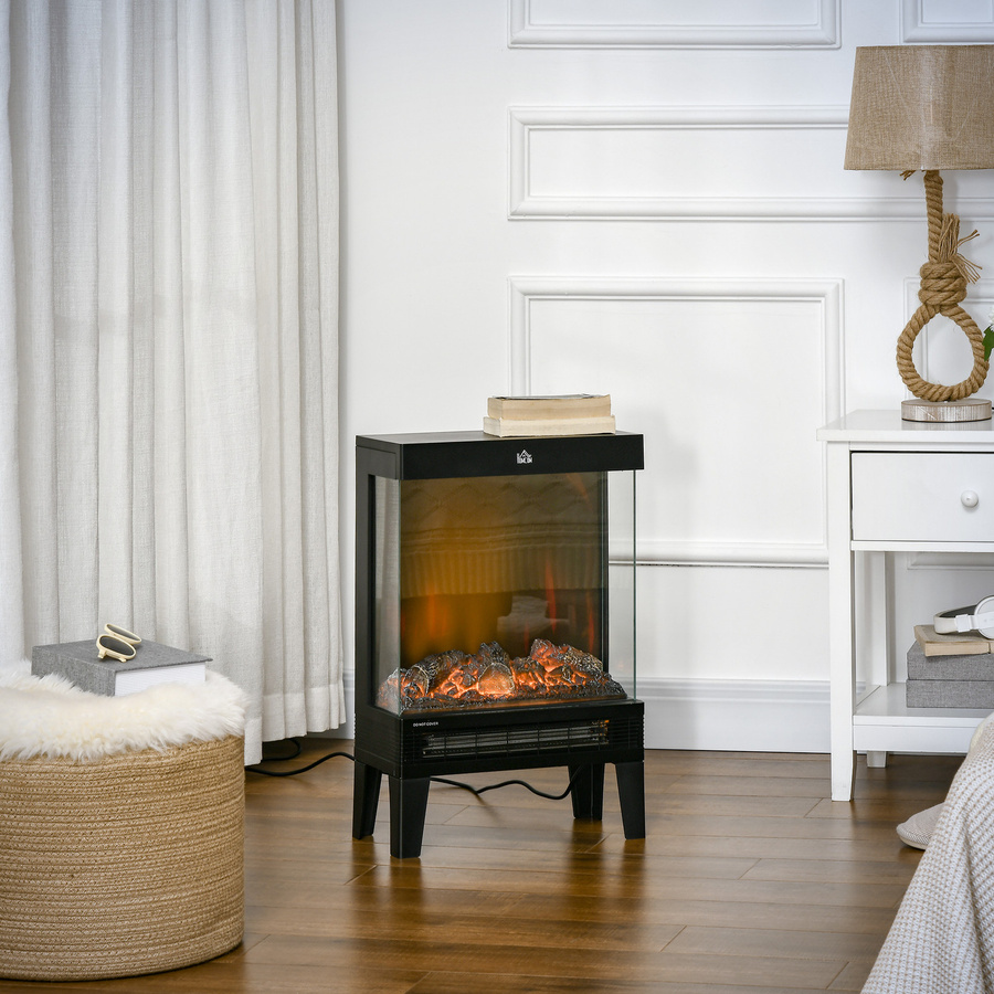 HOMCOM Elektrokamin mit 2000 W Heizleistung, Standkamin mit LED 3D-Flammeneffekt in 4 Helligkeitsstufen, Thermostat und Überhitzungsschutz, Schwarz - Bild 2