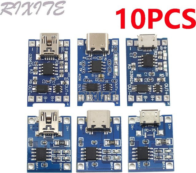 RIXITE 10er Set TP4056 Lithium-Batterie Ladegerät Modul mit Schutzfunktion, Dualer Anschluss USB-C und Micro-USB, 5V 1A, Blau - Bild 1