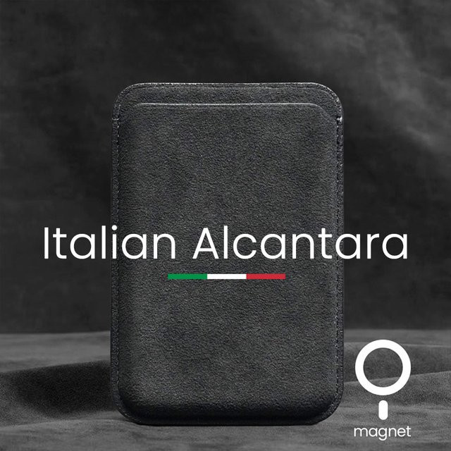 Super Magnet Alcantara Kartenhalter Wallet Case für iPhone 16 Pro Max 15 14 13 aus Kunstleder und Wildleder in Schwarz oder Grau - Bild 1